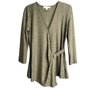 Michael Kors Gold Ribbed 3/4 Sleeve Faux Wrap Crossover V-Neck Jersey Top Size M